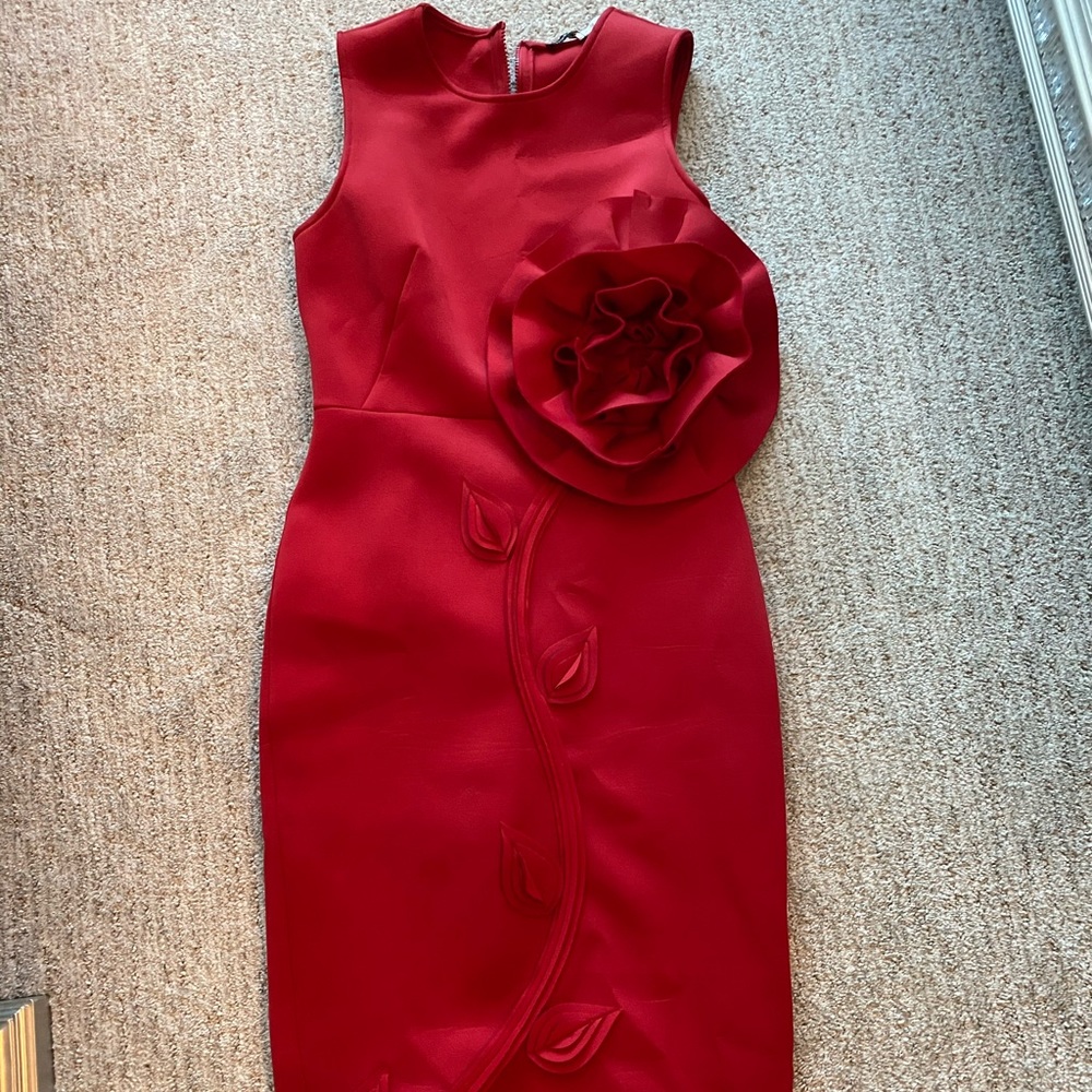 Red Rose Detailed Knee Length Dress, Size S/M